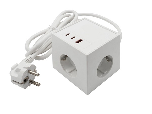 Box 3-way+3usb ext.cord 1.4m wh